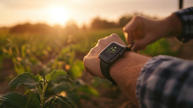 A farmer receiving real-time notifications on a smart watch about the optimal time for harvesting based on weather forecasts and crop readiness signals from field sensors