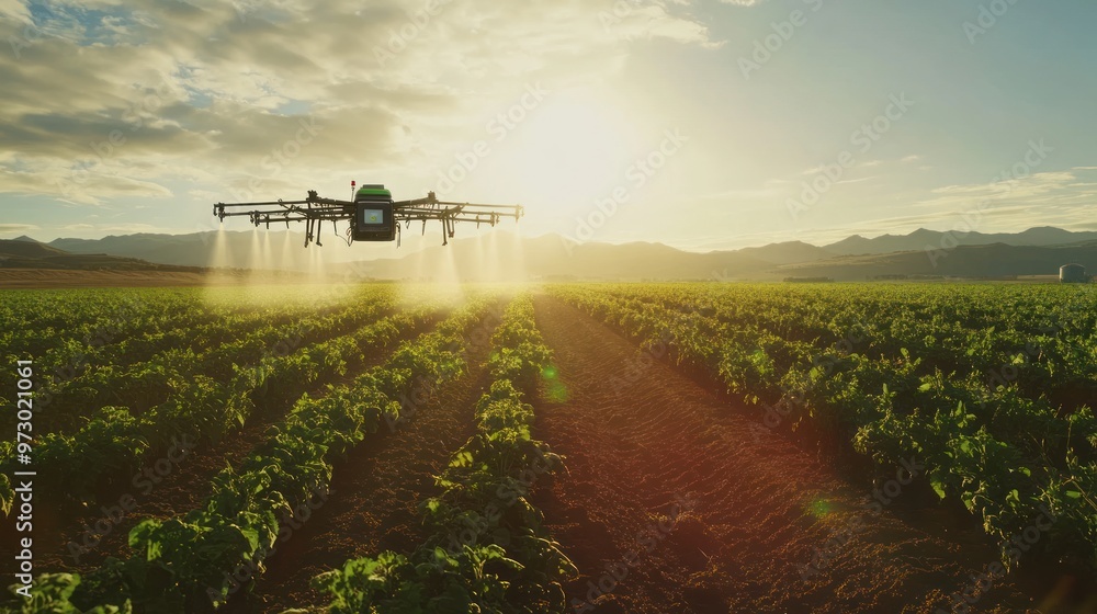 Poster a field of crops being watered by a robotic irrigation system that moves autonomously between rows, 