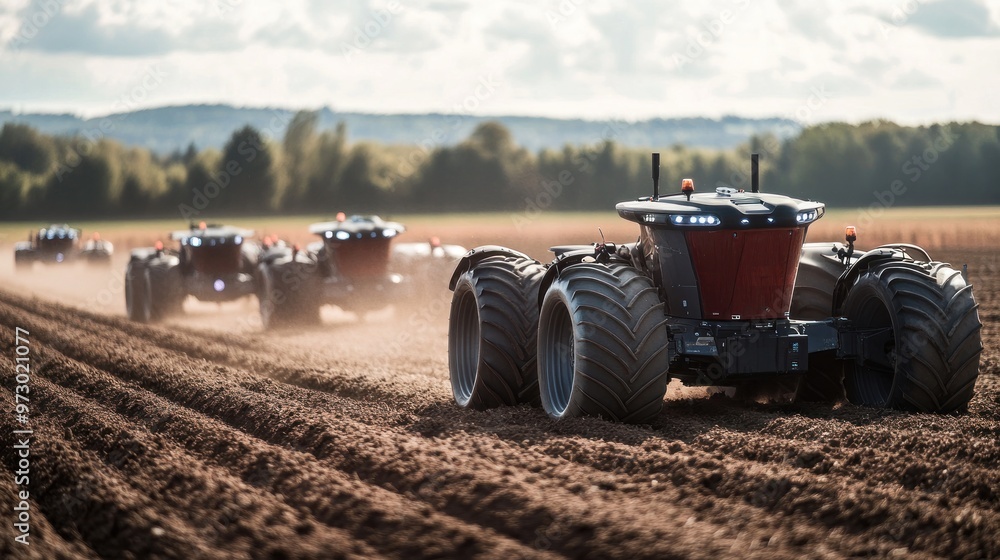 Poster a fleet of autonomous tractors plowing a field in unison, controlled via satellite and equipped with