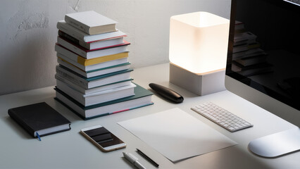 Clean minimalist office desk with stacked books, smartphone, bright lamp, and desktop computer, sleek workspace