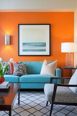 A mid century modern interior photo of a residential living room with an art frame hanging on an orange wall and bright colors with a sky blue sofa and cushion. Generative AI
