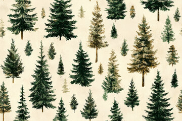Fototapeta premium A serene woodland scene featuring variety of vintage botanical Christmas trees, creating peaceful and festive atmosphere. lush greenery adds touch of natures beauty