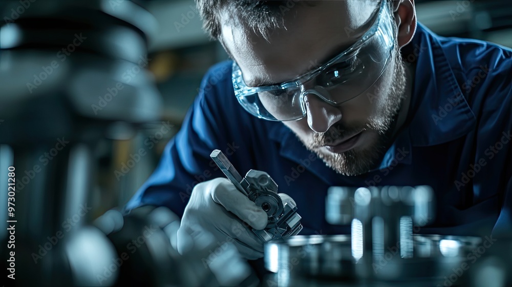 Poster a machinist works on a precision metal part in a factory