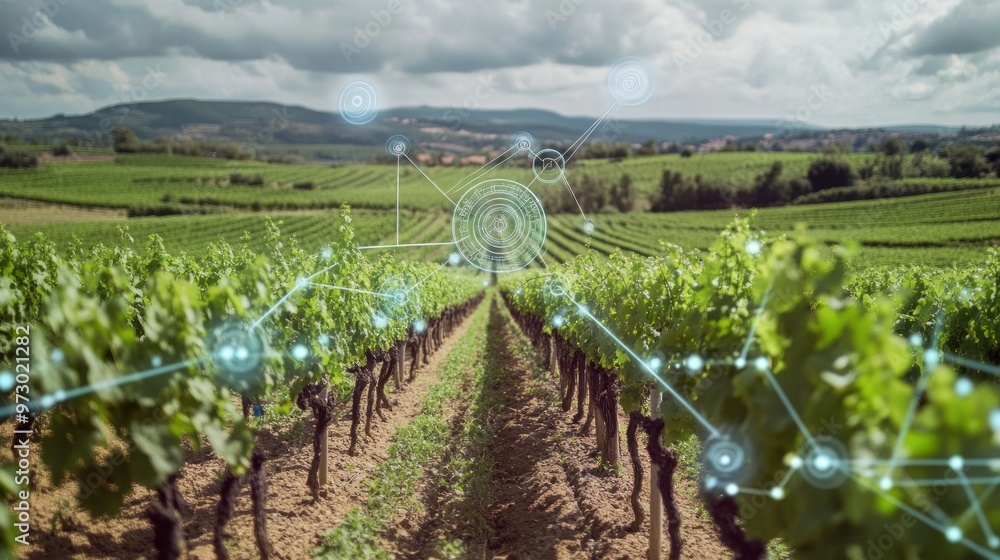 Leinwandbilder a vineyard equipped with sensor networks and automated irrigation systems, with data being analyzed 