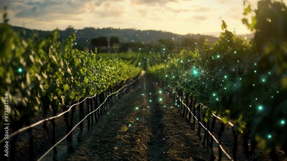 Aufkleber a vineyard equipped with sensor networks and automated irrigation systems, with data being analyzed 