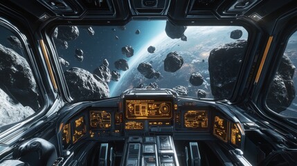 A view inside a spaceship cockpit looking out onto an asteroid belt, with detailed control panels and holographic maps