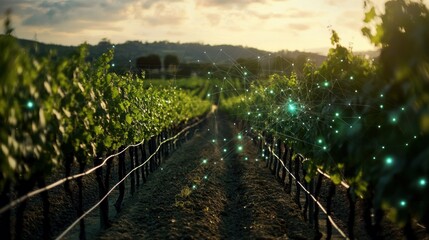 Fototapeta premium A vineyard equipped with sensor networks and automated irrigation systems, with data being analyzed on a digital interface by a viticulturist