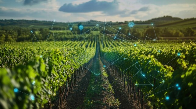 A vineyard equipped with sensor networks and automated irrigation systems, with data being analyzed on a digital interface by a viticulturist