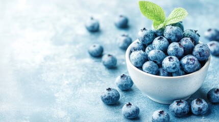 Bowl of fresh blueberries on a light background, evoking freshness and health in a minimalist setting.