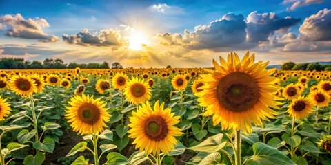 Obraz premium Vibrant sunflower field on a sunny afternoon, Nature, Flowers, Sunflowers, Field, Bloom, Yellow, Bright, Sunny, Growth