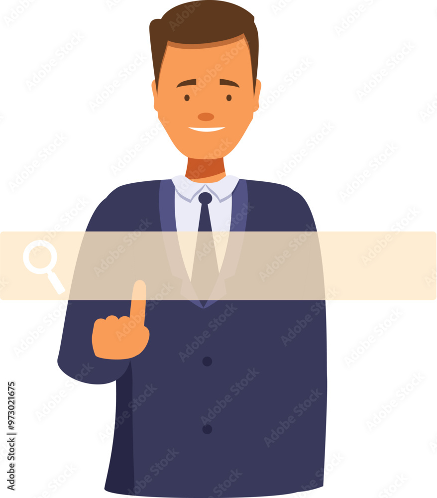 Poster smiling businessman pointing at an empty search bar is looking for information online