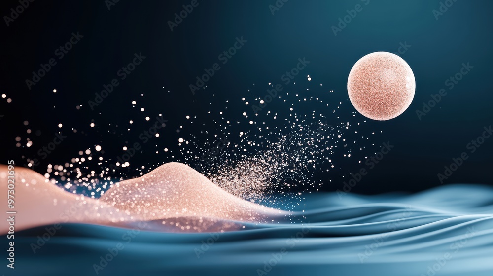 Poster a stylized illustration of a wave particle duality concept, showcasing the quantum nature of particl