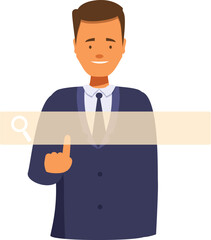 Smiling businessman pointing at an empty search bar is looking for information online