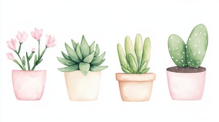 Obraz premium A beautiful watercolor illustration of potted plants, including succulents and flowers, perfect for home decor.