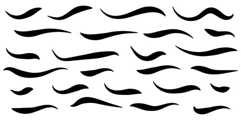 Hand drawn collection of curly swishes, swashes, swoops. Calligraphy swirl. Highlight text elements.  Set of ribbons. Design concept element collection. stroke swash swirl, Brush drawn curved smear.19