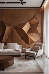 interior, architecture, design, house, room, living room, furniture, sofa, armchair, chair, table, pattern, three-dimensional, wooden wall, pattern, rest, comfortable, floor, wall, carpet, Generative 