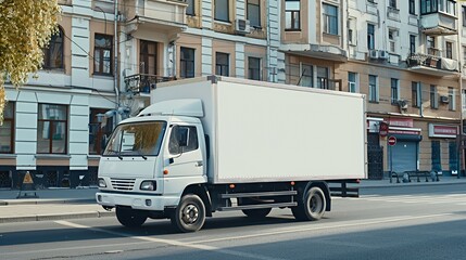 A white delivery truck drives down a city street, with an old building on one side and a closed business on the other.