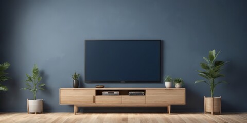 Minimalistic contemporary living room with large TV on wooden en