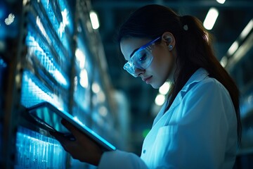 Young woman in white lab coat checks mobile phone while standing in a busy warehouse filled with neatly stacked boxes during daylight hours