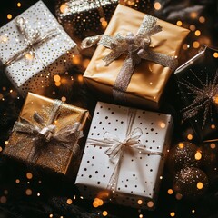 Festive Christmas gift boxes with gold ribbons and shiny ornaments for a joyful holiday season