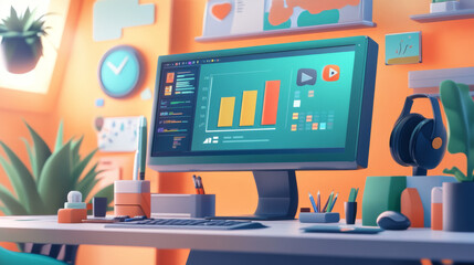 A creator's workspace filled with monetization tools, including affiliate links, ads, and sponsorship deals displayed on a screen