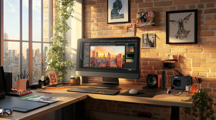 A desk with essential content creation tools including a graphic tablet, camera, and editing software interface