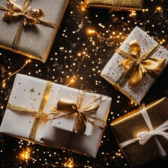 Christmas gift boxes with gold ribbons and bows
