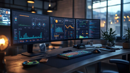 Obraz premium A desk with multiple screens displaying charts and graphs of content performance metrics and strategies