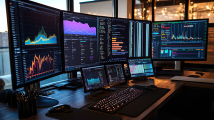 A desk with multiple screens displaying charts and graphs of content performance metrics and strategies