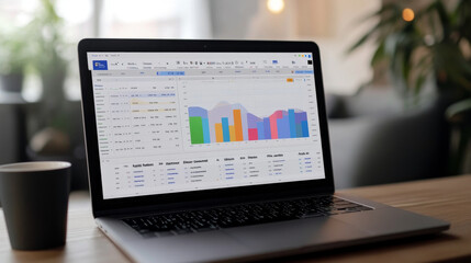 A detailed spreadsheet or dashboard on a laptop screen showing monetization strategies and revenue breakdown for a content creator