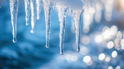 A close-up of icicles hanging from the edge of a frozen waterfall, with sparkling frost and snow glistening in the winter sun.