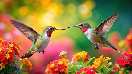 Fototapeta premium Hummingbirds gracefully feeding on vibrant flowers , nature, wildlife, hummingbird, feeding, flowers, vibrant, colorful, pollen