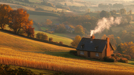 Naklejka premium Cozy cottage in a vibrant autumn landscape with rolling hills, golden fields, and smoke rising from the chimney