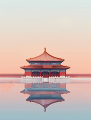 A traditional Chinese temple reflected in a calm body of water.