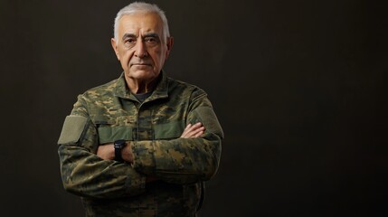 Obraz premium Proud Elderly Male Soldier in Camouflage Uniform, Military Veteran Portrait, Dark Background