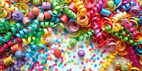 Obraz premium Colorful festive overlay of party streamers, serpentine, curly paper ribbons