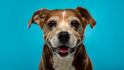 Obraz premium Cute adult dog standing and looking at camera isolated on light blue background