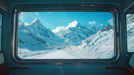 Naklejka premium Scenic mountain view through a train window showcasing snow-covered peaks and bright blue skies in a winter landscape