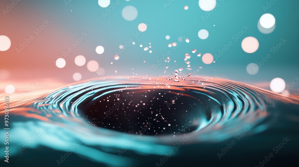 Poster a single particle, rippling through a surreal landscape, its wave like motion creating a ripple effe