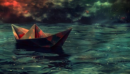 Fototapeta premium Serene paper boat floating at sunset with golden reflections on water.