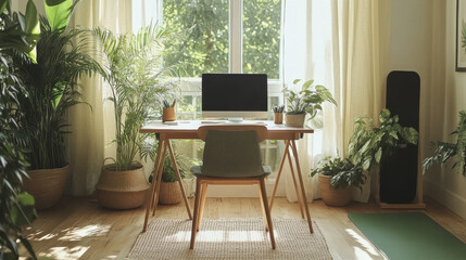 A home office setup with a desk on one side and a yoga mat on the other, representing balanced living