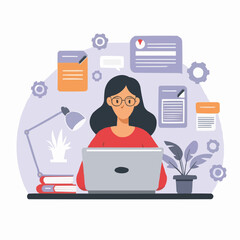 Illustration of a woman working at a laptop with documents and a desk lamp in a modern workspace