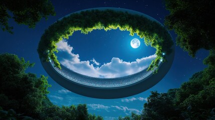 A stadium floats weightlessly above a surreal landscape, its seats filled with fantastical creatures watching a game in the twilight glow of a double moon.