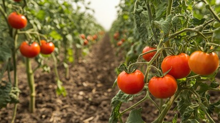 A field of ripe red tomatoes on the vine, ready for harvest under the bright summer sun.