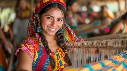 Fototapeta premium Indigenous women weaving intricate patterns on a loom, highlighted by soft watercolor textures, celebrating heritage and craft.
