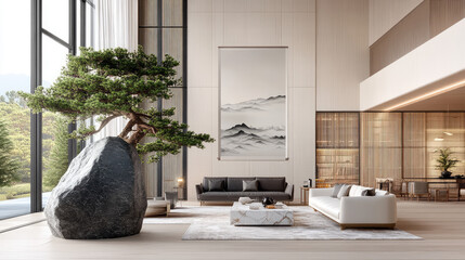 the zen style living room design with the view of the japanese garden 