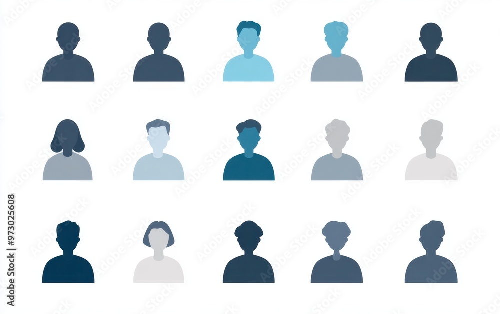 Poster a set of icons with a grey and blue color palette, featuring simple shapes one icon depicts a person