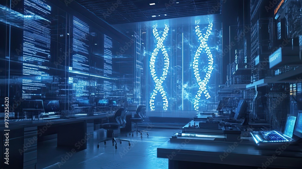 Aufkleber futuristic laboratory with dna models and computer screens
