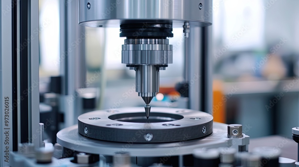 Poster close-up of a precise metal testing machine with a sharp point