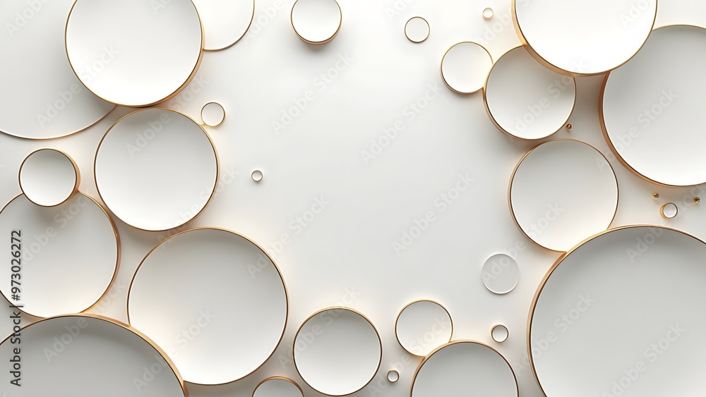 Poster collection of circles with subtle golden outlines set against a white background, creating a modern 